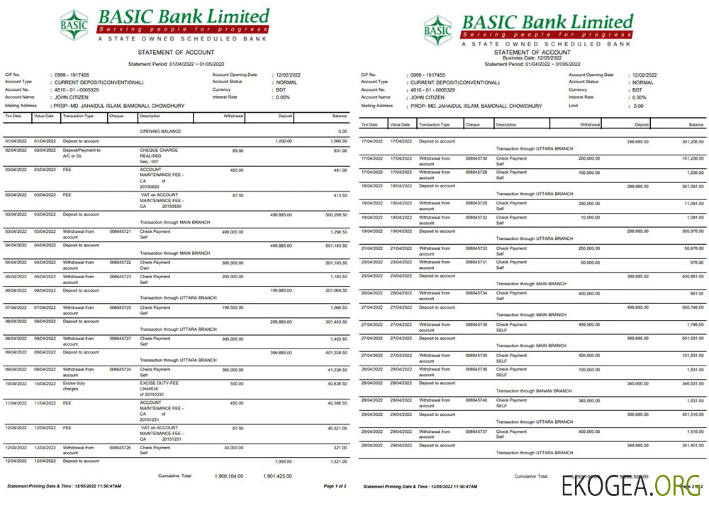 Modèle Word et PDF de relevé bancaire de base du Bangladesh, 2 pages